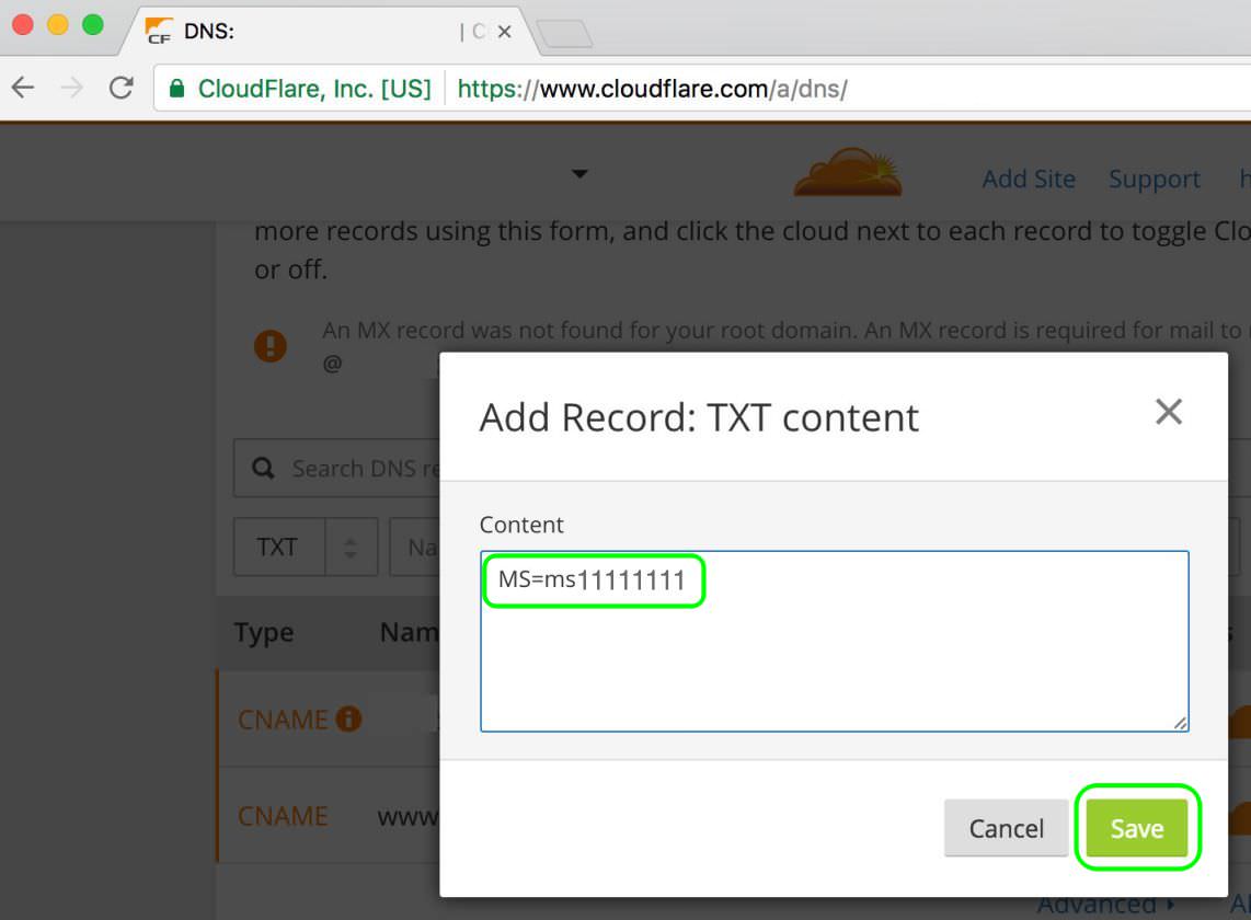 3.2 Paste the Office 365 TXT value - from Step 2.5 to TXT Content and Save